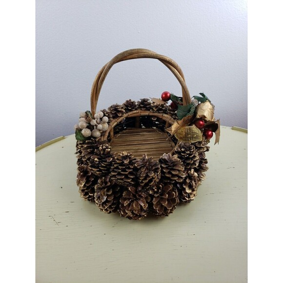 Homemade Gold Pine cone real wood twig bottom basket. - Picture 3 of 11